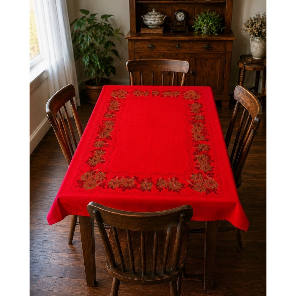 Vintage‎ Christmas Poinsettia Tablecloth Red Rectangle 52x62